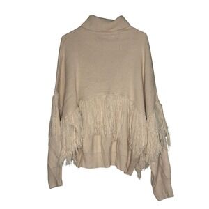 TCEC Fringe Knit Sweater Sm Cream Beige Oversized Turtleneck Boho Chic Old Money